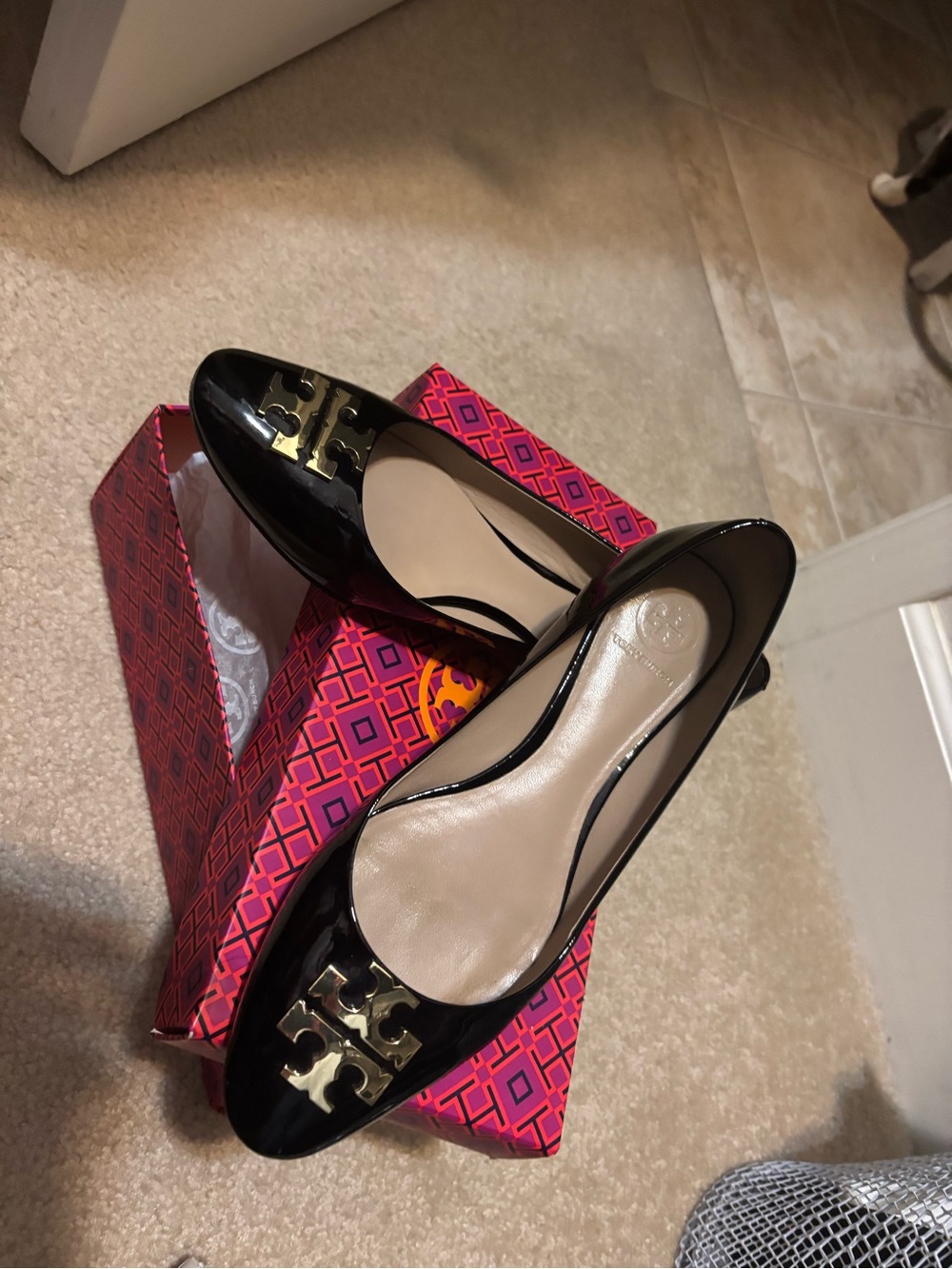Tory Burch Black Patent Leather Flats with Gold Logo Accent